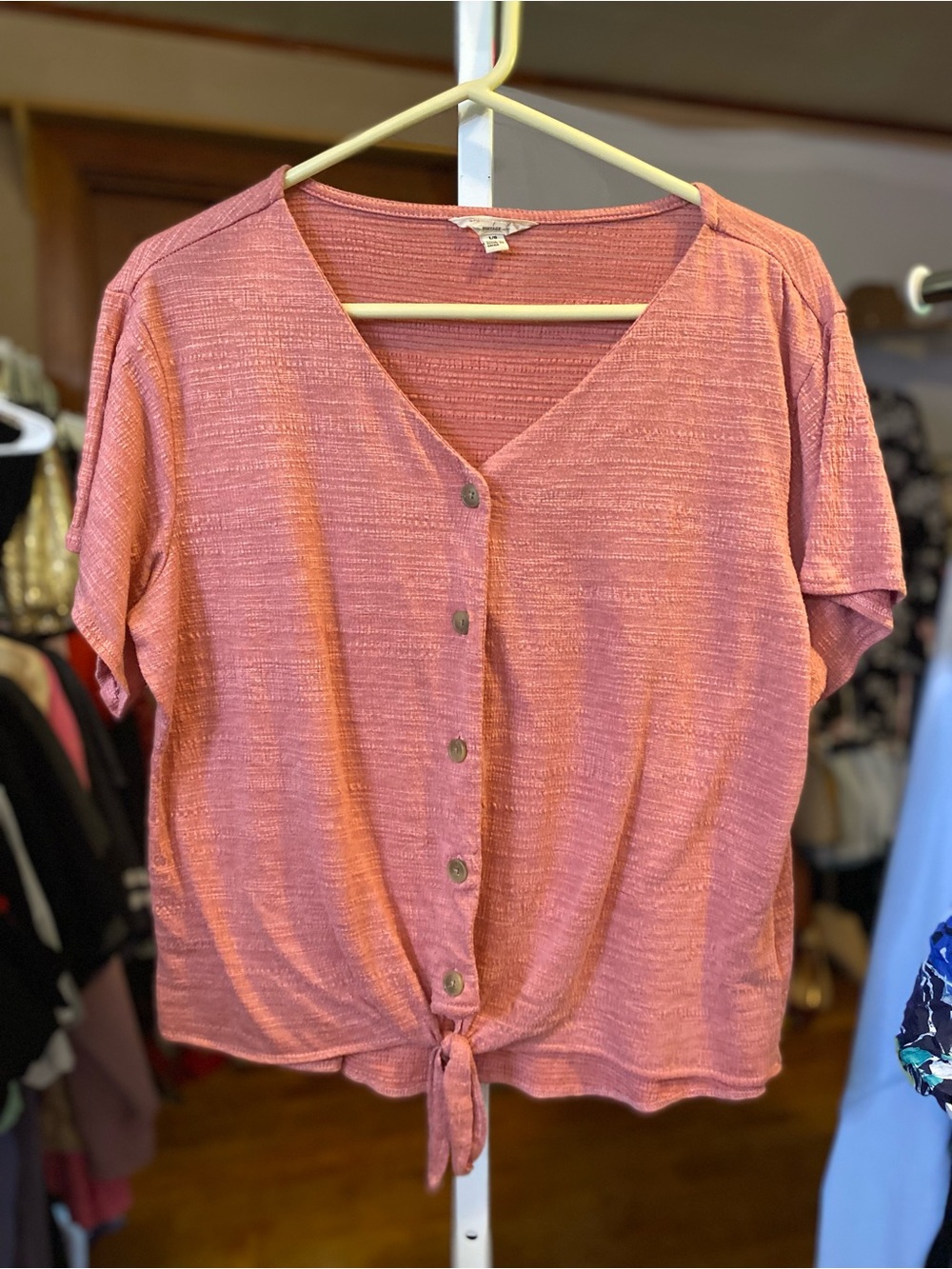 (2 tops) Button-Front Tie Hem Short Sleeve Blouse in Dusty Rose & light blue